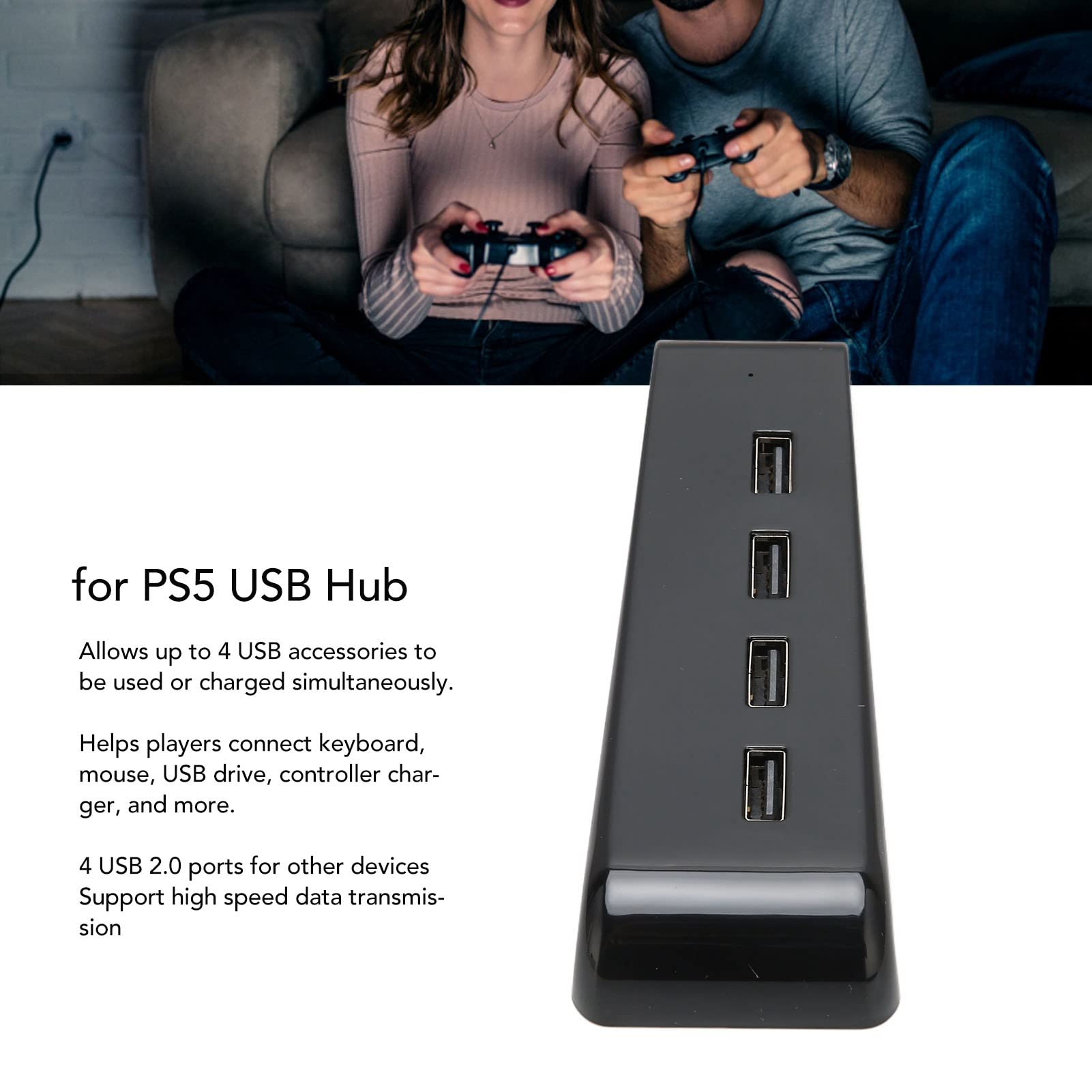 USB Hub for PS5, 4 USB 2.0 Extenders Connect Mouse, USB Drive, Controller Charger HD Camera, Fast Transfer Speed Suitable for PS5 Digital and Ultra HD Consoles