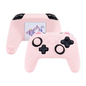 geekshare cat paw controller skin grips set compatible with switch pro controller-anti-slip silicone protective cover case joystick caps for switch pro wireless controller - pink