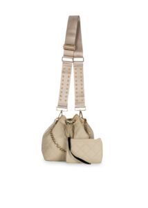 haute shore - lindsey buff puffer bucket bag beige camo w/orange & peach stripe