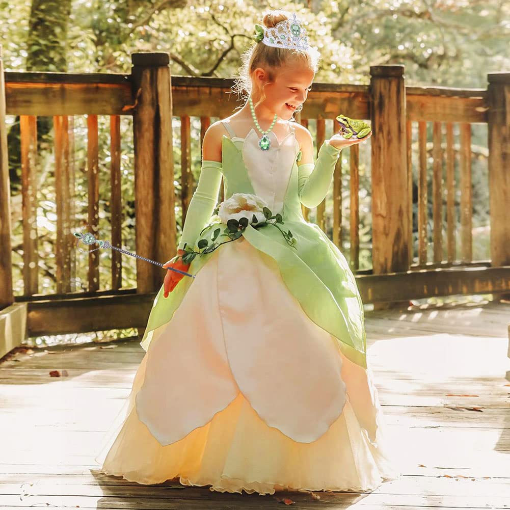 Princess Tiana Dress for Girls Green Fairy Frog Birthday Party Fancy Dresses Halloween Elf Costume Outfits with Accessories (2-3T)