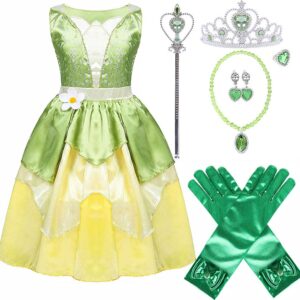 Princess Tiana Dress for Girls Green Fairy Frog Birthday Party Fancy Dresses Halloween Elf Costume Outfits with Accessories (2-3T)