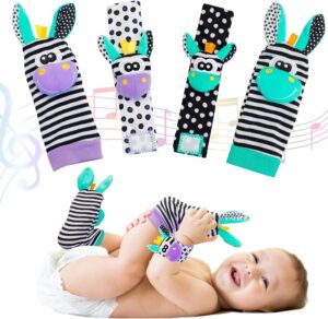 baby wrist rattles sock toys - newborn baby sock toys 0-6 months, foot finder and wrist rattle set hand and feet rattle for babies, infant rattle socks toy, soft sensory toy for baby boy girl gift