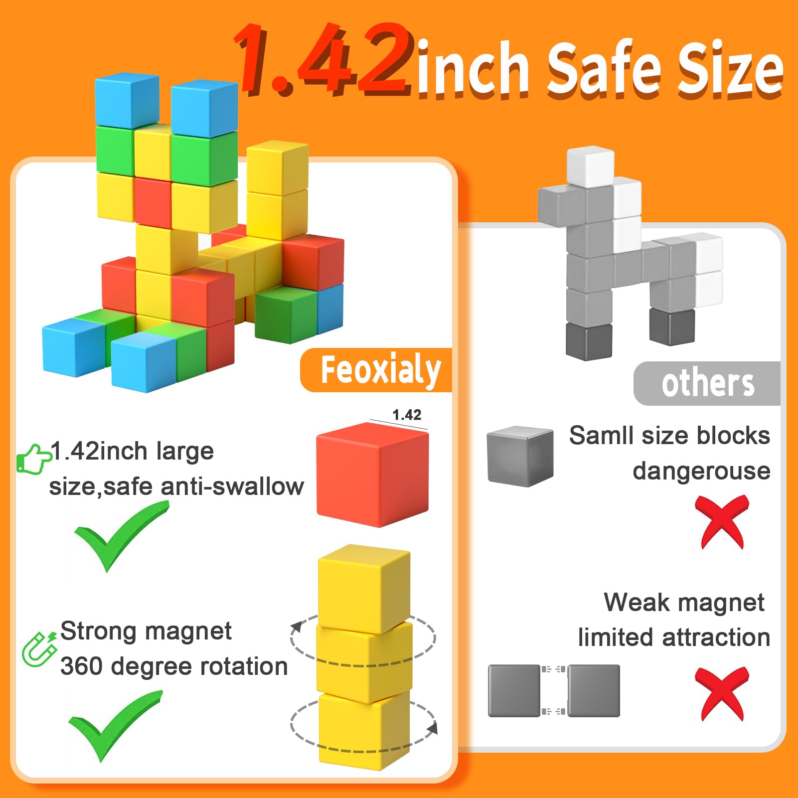 Feoxialy Magnetic Blocks,1.42 inch Large Magnetic Building Block for Toddlers 3 4 5 6 7 8 Year Old Boys Girls Color Magnetic Cubes Learning Toys for Kids 1-3 Sensory Toys Age 4-8 Gift