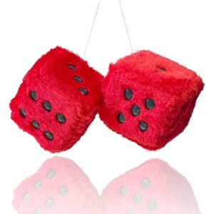 fuzzy plush dice for car mirror, pair of retro 3” red dice with black dots for car interior hanging ornament decoration