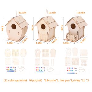 OTWVBU 3 Pack DIY Wooden Birdhouse Kits, Arts and Crafts Painting Kits for Kids, Includes Unfinished Wooden Bird House, Paints, Brushes, Creative Gifts for Age 4-8 Years Old Children Boys & Girls