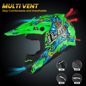 ILM DOT&ECE Youth ATV Helmet kids Dirt Bike Helmet Child Motocross Dirtbike BMX MX Offroad Dual Sport Full Face Casco para Moto Model AP-868(Flo Green,Youth-L)