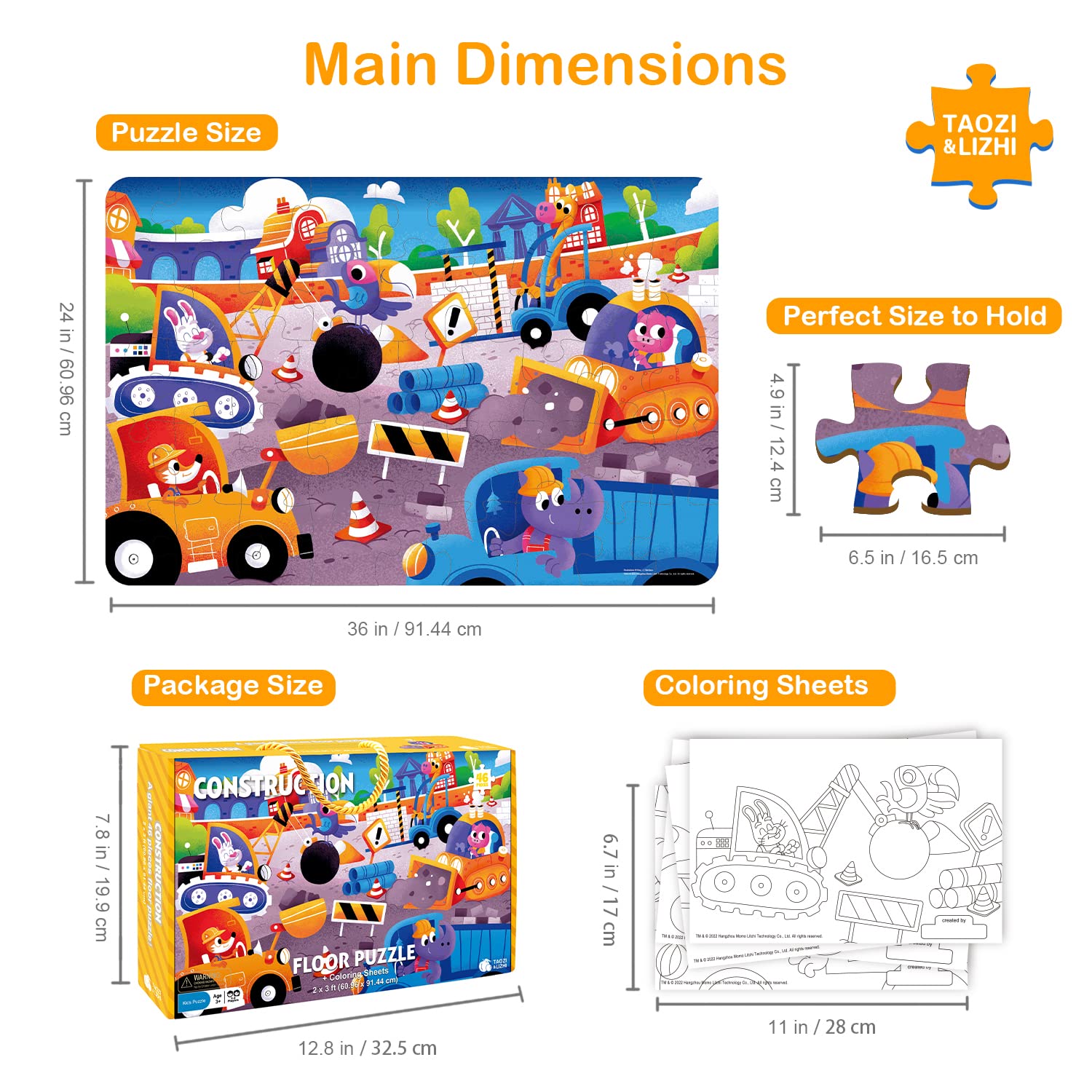 TAOZI&LIZHI Jumbo Jigsaw Puzzles 46 pcs, Construction Site, Large Floor Puzzle for Kids Ages 3-5, 4-8, Christmas Toddler Puzzles with Hand-held Gift Box, Preschool Learning & Education Toys