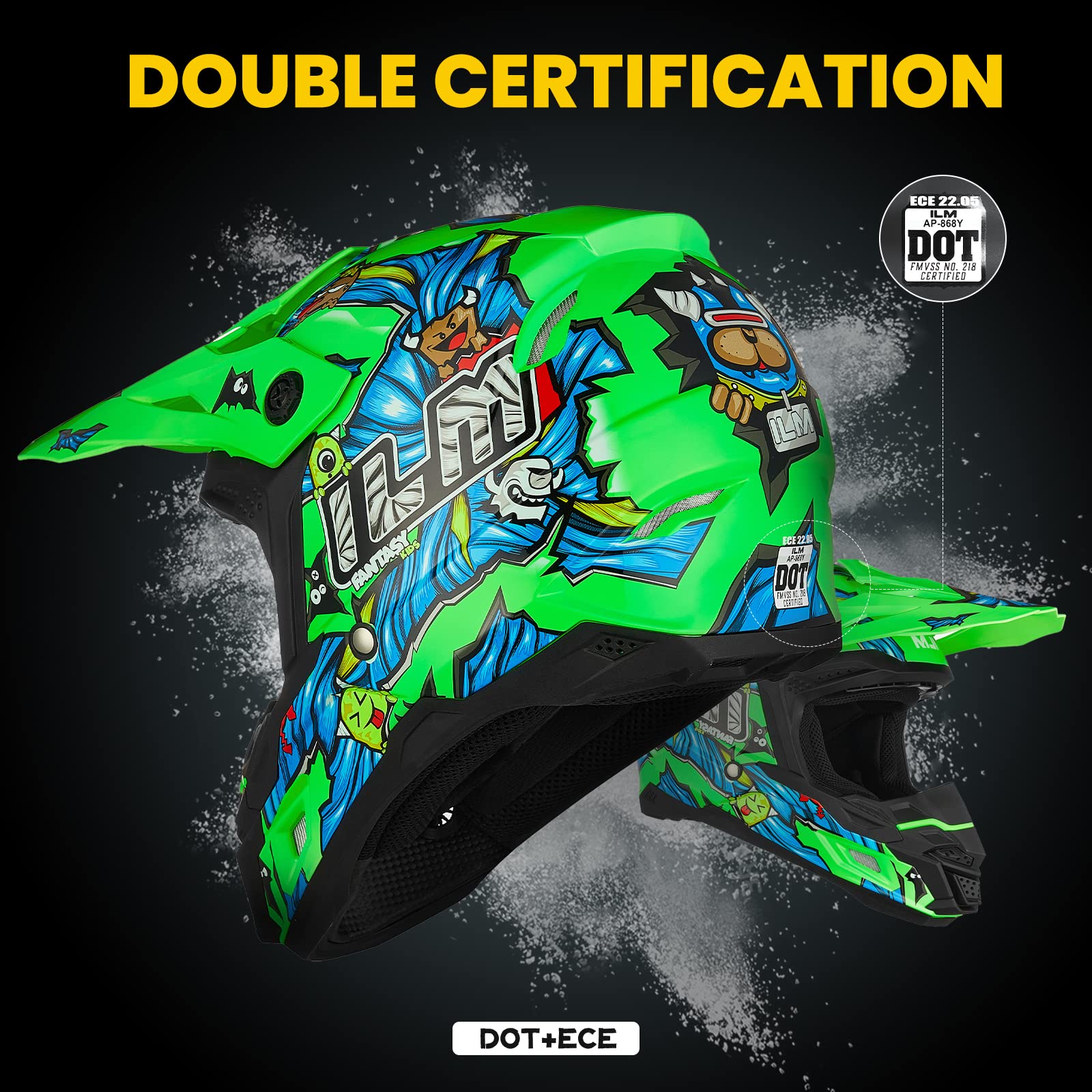 ILM DOT&ECE Youth ATV Helmet kids Dirt Bike Helmet Child Motocross Dirtbike BMX MX Offroad Dual Sport Full Face Casco para Moto Model AP-868(Flo Green,Youth-L)