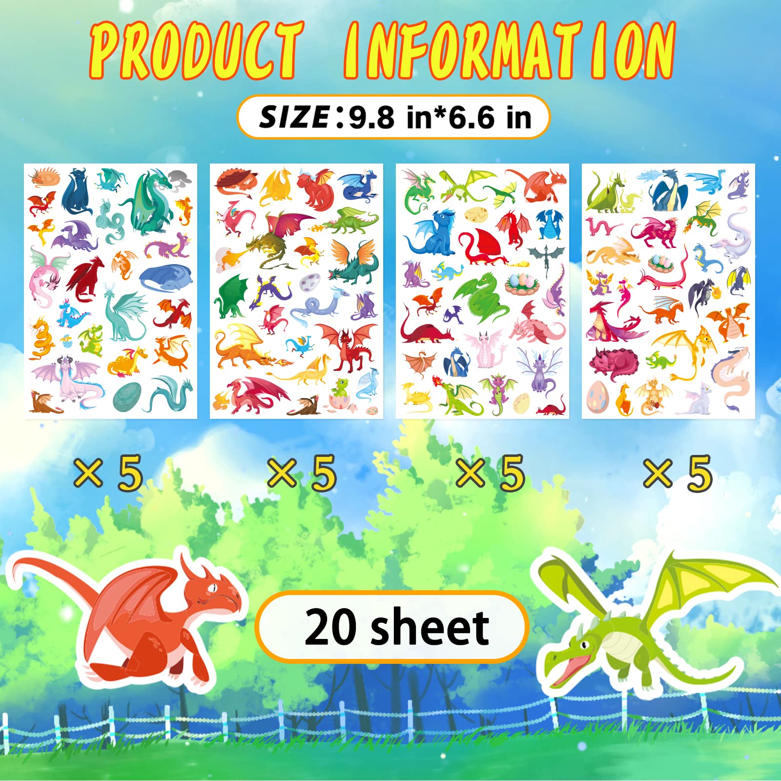 Dragon Stickers 530 Counts Cute Cartoon Dragon Adhesive Sticker for Water Bottles Art Toys Crafts Kids Boys Toddlers Invitations Envelopes Party Gifts Bags Decor