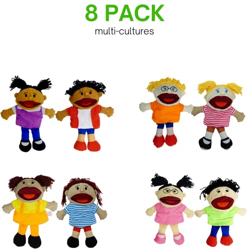 8 Hand Puppets for Kids, Multicultural Puppets with Movable Mouth (8 Pack) Bulk Soft Plush Puppets, School Home Puppet Theater Shows Toys, Teachers Classroom Supplies