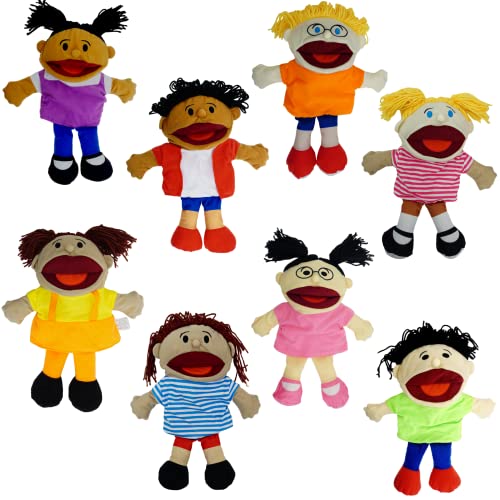 8 Hand Puppets for Kids, Multicultural Puppets with Movable Mouth (8 Pack) Bulk Soft Plush Puppets, School Home Puppet Theater Shows Toys, Teachers Classroom Supplies