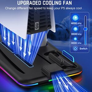 DINOSTRIKE PS5 Cooling Station with RGB Light, PS5 Stand with Cooling Fan for PS5 Disc&Digital Editions Dual Controllers Charger Station, PS5 Accessories for PS5 Console Headset Holder, 6 Game Slots