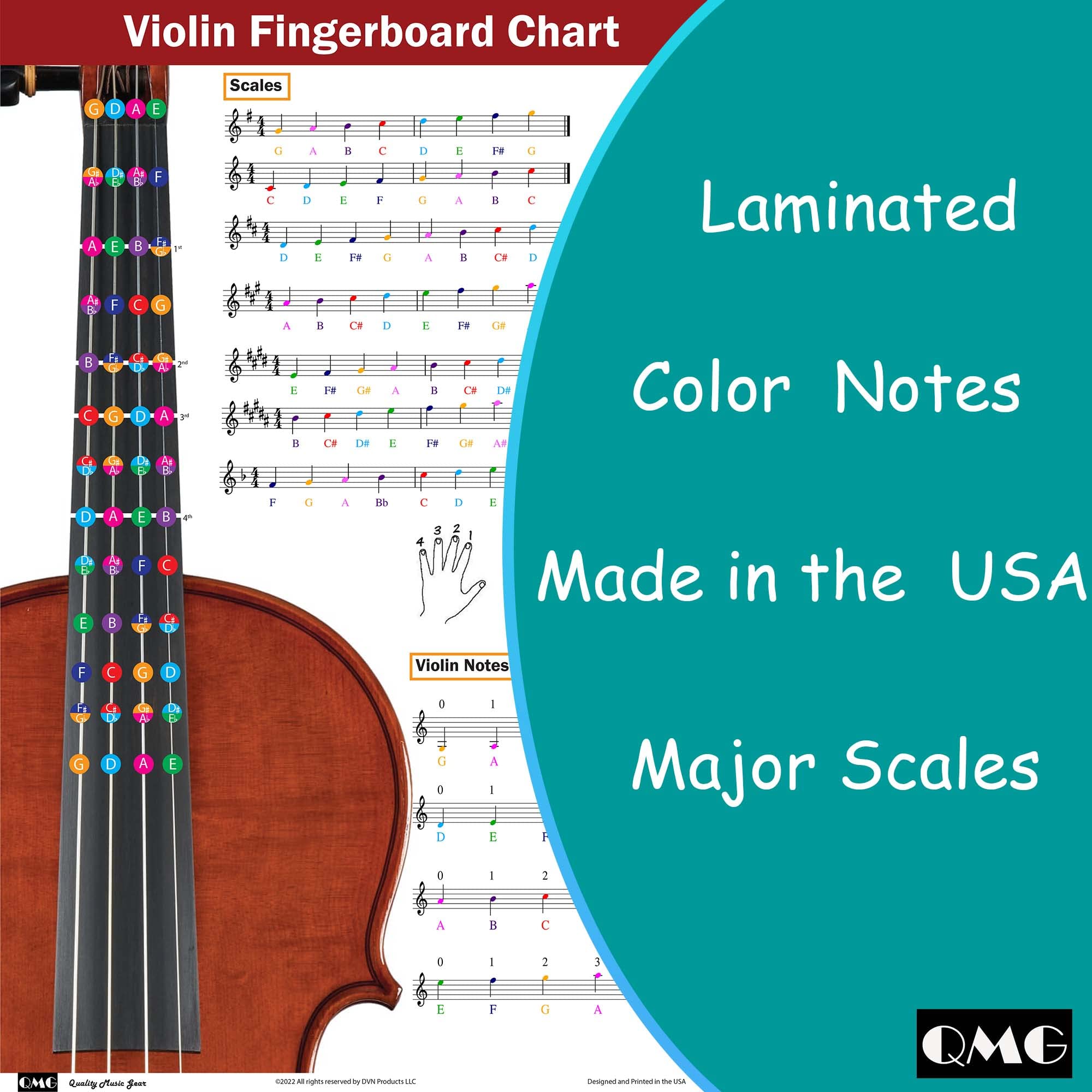 QMG Violin Fingering Chart with Color-Coded Notes, Learn Violin Scales Techniques Suitable for All Levels