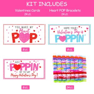 Valentines Day Gifts for Kids - 24 Pack Valentines Cards with Heart POP Bracelets - Sensory Fidget Toys Valentine for School Classroom Gift Exchange Party Favors Supplies for Toddlers Girls Boys