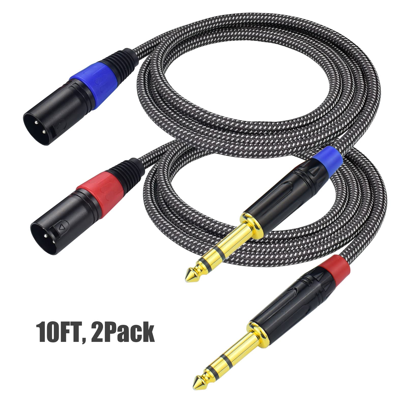 Ihurllu Balanced 1/4" TRS to XLR Male Patch Cable, 10Feet Quarter Inch 6.35mm to 3pin XLR Male Microphone Cable, Heavy Duty Nylon Braided, Gold Plated Plug, for Mixer, Speaker, Studio Monitor -2Pack