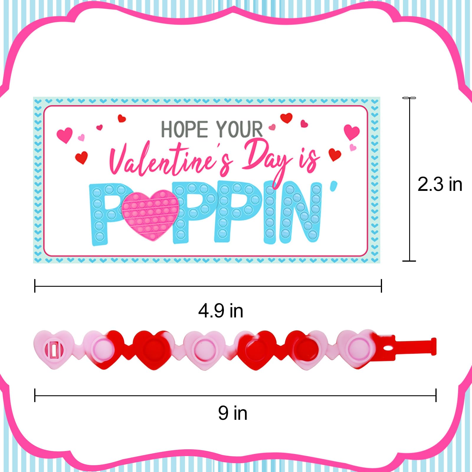 Valentines Day Gifts for Kids - 24 Pack Valentines Cards with Heart POP Bracelets - Sensory Fidget Toys Valentine for School Classroom Gift Exchange Party Favors Supplies for Toddlers Girls Boys