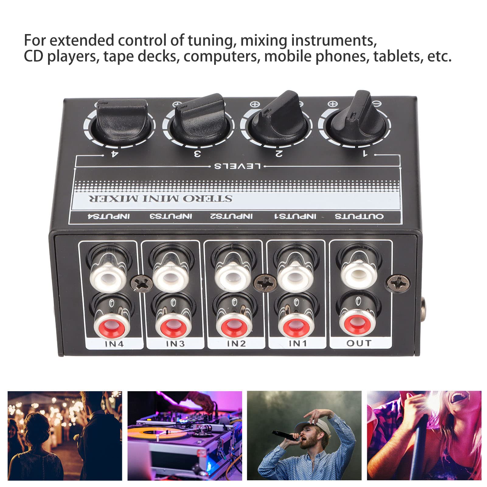 Zyyini Stereo Mini Mixer, 4 Channel Portable Audio Mixer,Passive Professional Stereo Mini Mixer for Mixing Instruments, CD Players, Tape Players, Computers, Mobile Phones Recording Studio