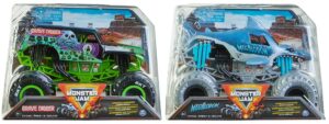 monster jam, official grave digger and monster jam official megalodon monster truck, collector die-cast vehicle, 1:24 scale, bundle