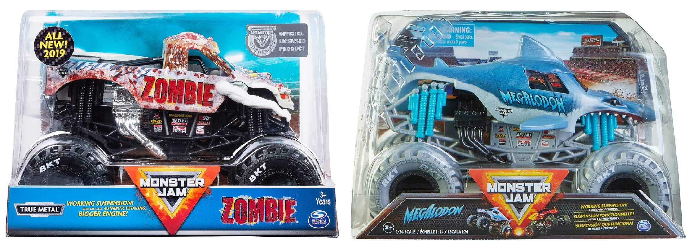 Monster Jam, Official Megalodon Monster Truck and Official Zombie Monster Truck, Collector Die-Cast Vehicle, 1:24 Scale, Bundle