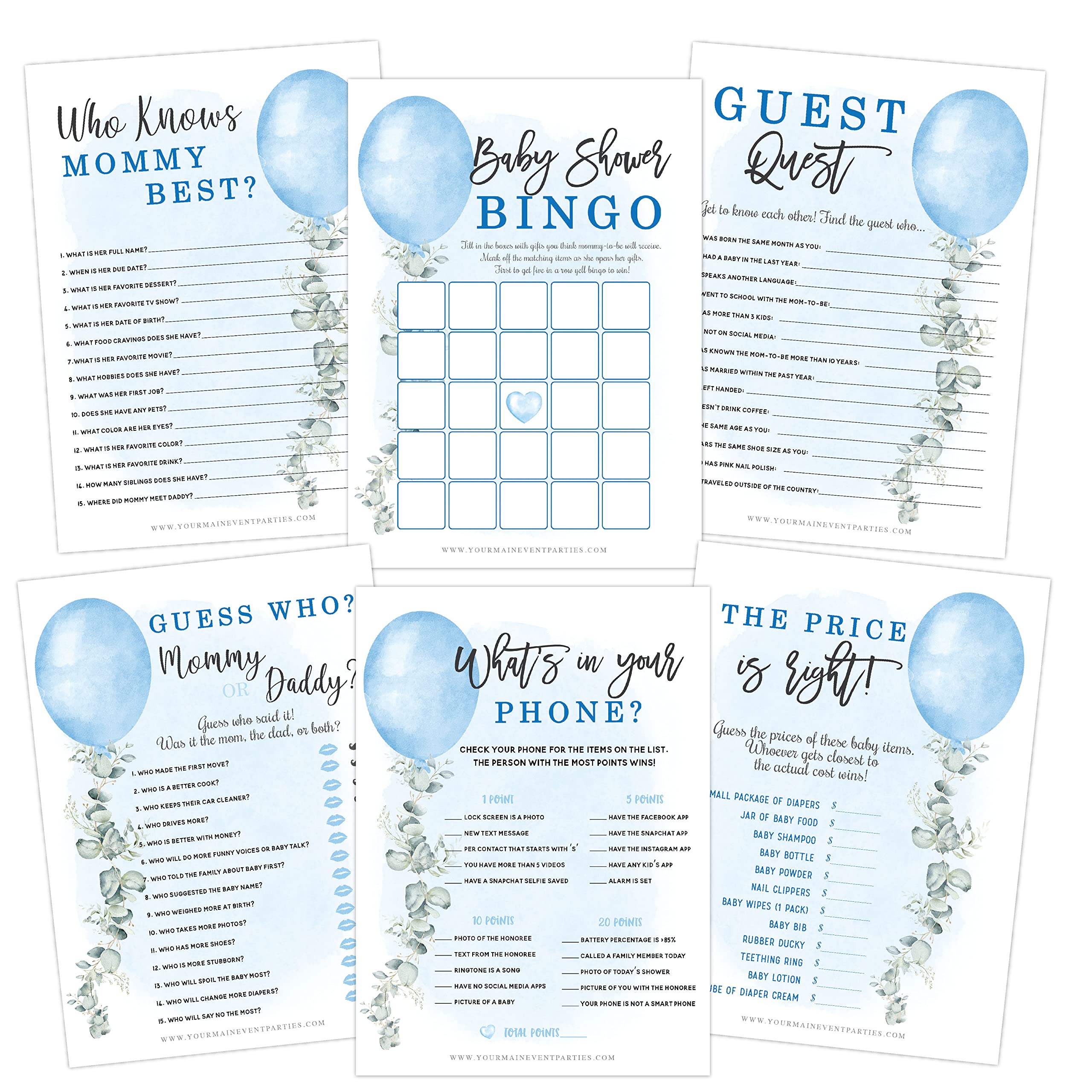 Your Main Event Prints Boy Baby Shower Games (Set of 6 Fun Activities for 25 Guests), Blue Boy Themed Baby Shower Games