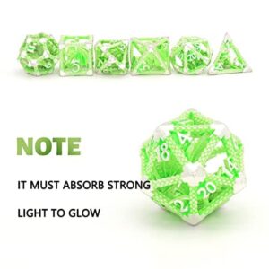 HNCCESG Glow DND Dice Hollow Polyhedral Dragon Metal Dice Set Luminous RPG D&D Dice for Dungeons and Dragons Role Playing MTG Table Games Pathfinder Warhammer Shadowrun (3D Green Light)