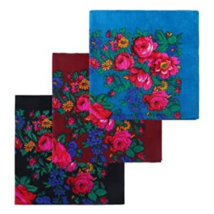 MJ SERECA Acrylic Bandana Printed Hair Scarf Square Ukrainian Head Scarf Floral Babushka Neck Scarf for Women 30"/42"/60" (3 Pack-A 30")