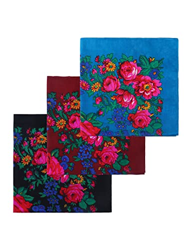 MJ SERECA Acrylic Bandana Printed Hair Scarf Square Ukrainian Head Scarf Floral Babushka Neck Scarf for Women 30"/42"/60" (3 Pack-A 30")