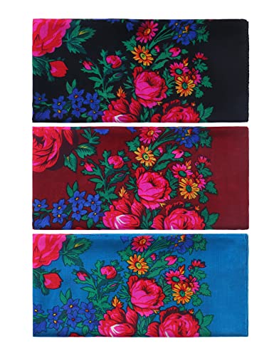 MJ SERECA Acrylic Bandana Printed Hair Scarf Square Ukrainian Head Scarf Floral Babushka Neck Scarf for Women 30"/42"/60" (3 Pack-A 30")