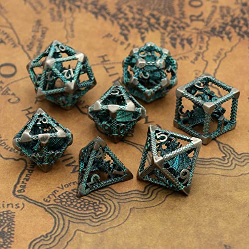 D&D Hollow Metal Polyhedral Dice Set for RPG and Tabletop Games - 3D Silver Blue