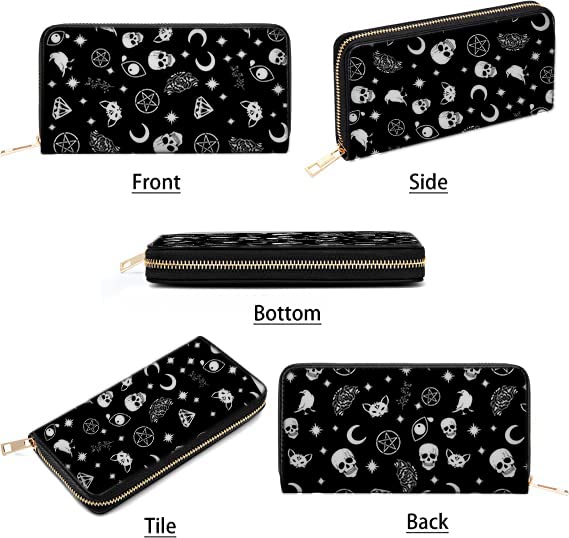 PIHNSDUA Skull Cat Moon Gothic Women's Long Wallet PU Leather Purse with Card Holder Zip Around Clutch Wallet