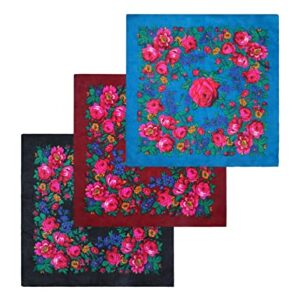 MJ SERECA Acrylic Bandana Printed Hair Scarf Square Ukrainian Head Scarf Floral Babushka Neck Scarf for Women 30"/42"/60" (3 Pack-A 30")