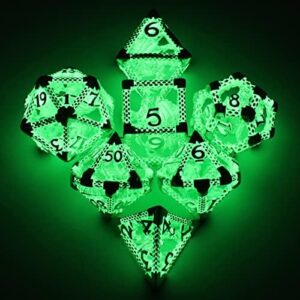 HNCCESG Glow DND Dice Hollow Polyhedral Dragon Metal Dice Set Luminous RPG D&D Dice for Dungeons and Dragons Role Playing MTG Table Games Pathfinder Warhammer Shadowrun (3D Green Light)