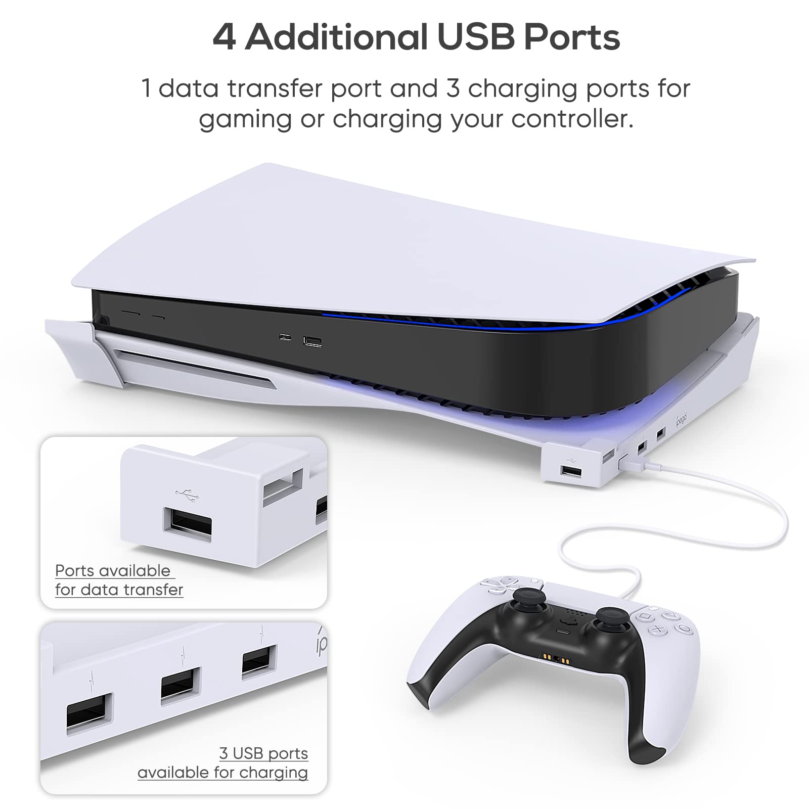 MENEEA 16.4FT Charger Charging Cable & Horizontal Stand with 4-Port USB Hub for PS5 Console