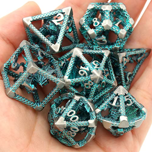 D&D Hollow Metal Polyhedral Dice Set for RPG and Tabletop Games - 3D Silver Blue