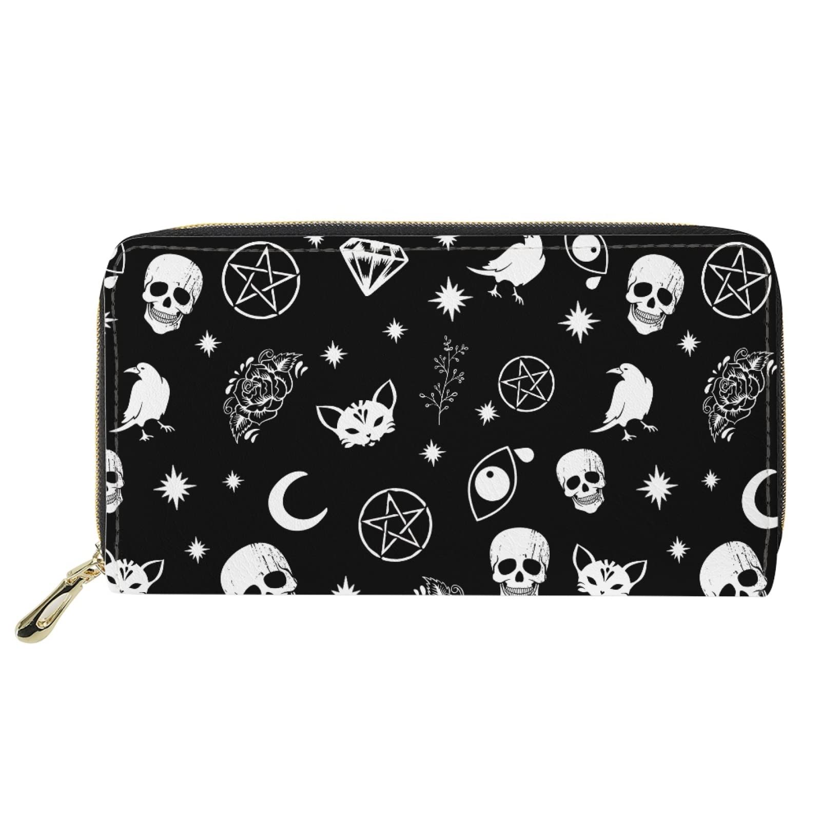 PIHNSDUA Skull Cat Moon Gothic Women's Long Wallet PU Leather Purse with Card Holder Zip Around Clutch Wallet