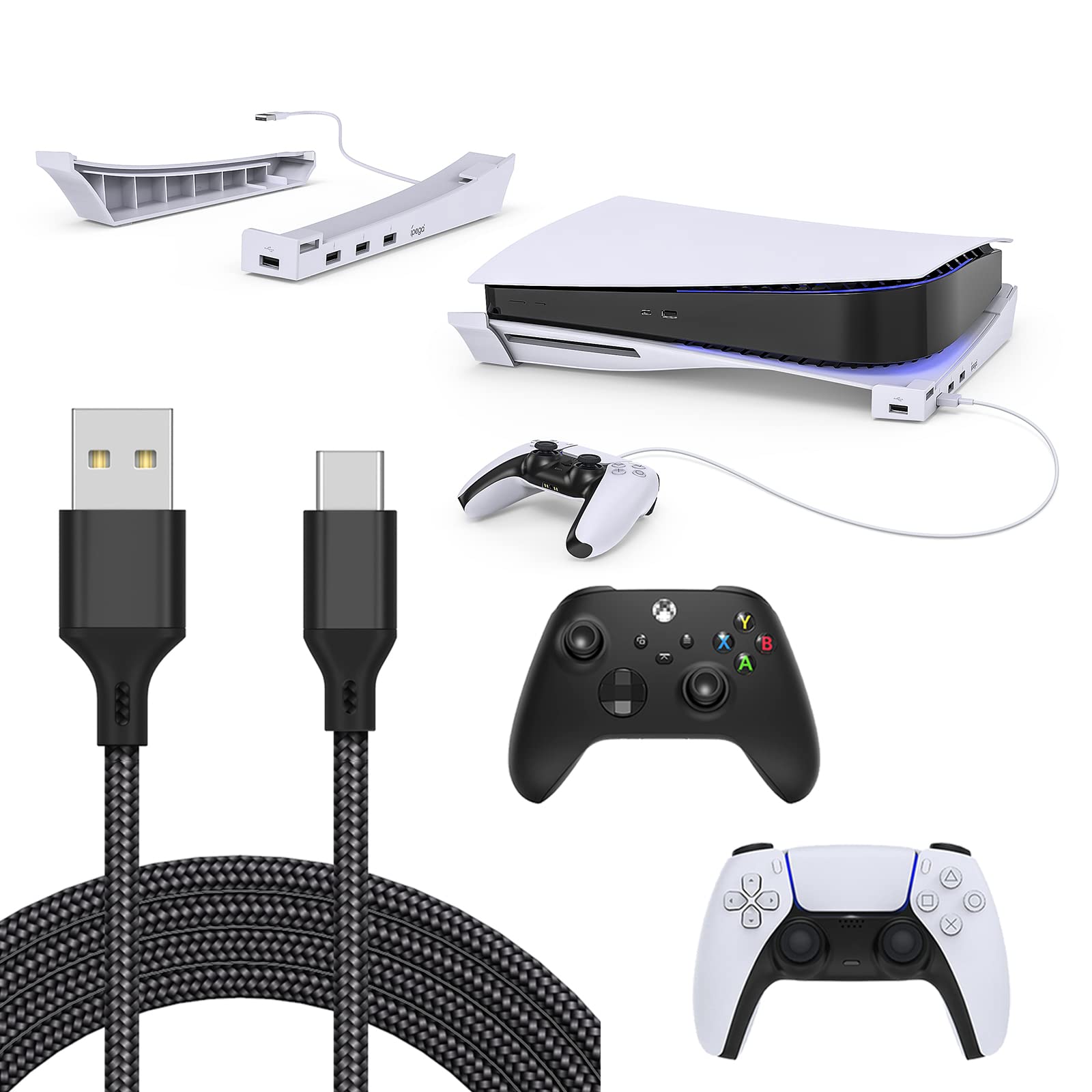 MENEEA 16.4FT Charger Charging Cable & Horizontal Stand with 4-Port USB Hub for PS5 Console