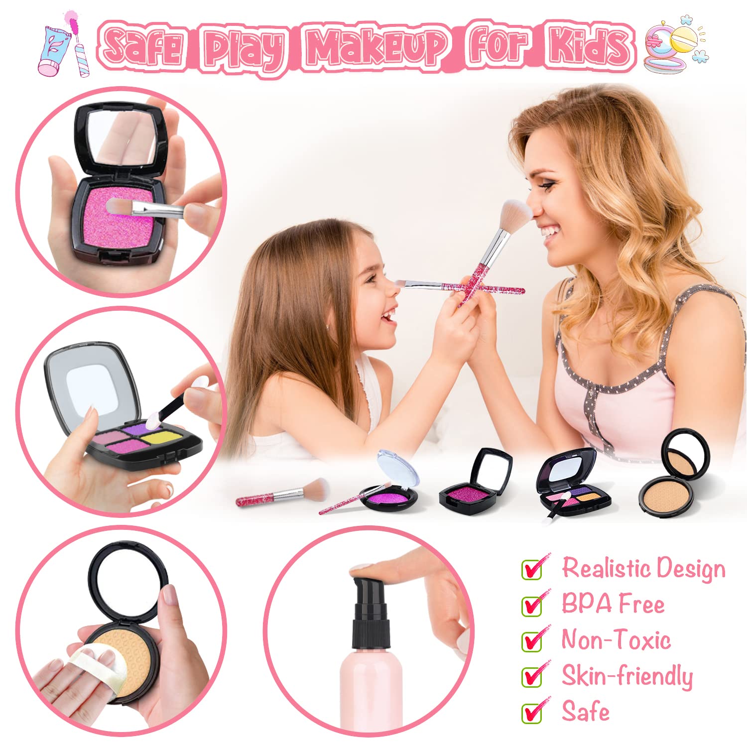 Pretend Makeup Kit for Toddlers Girls, Kids Pretend Play Makeup Set for Little Girls, Fake Toy Makeup Set with Cosmetic Case & Jewelry Set, Present Gift for Kids Girls Age 3 4 5+ ( Fake Makeup )