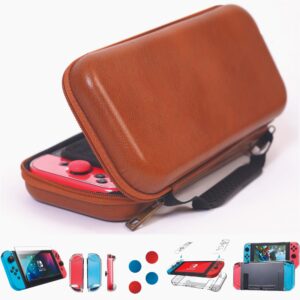 dreamcontroller limited edition genuine leather hard shell travel case for nintendo switch with 10 gamecard slot with back protective dockable case, 2 joycon cover, 4 thumbstick cap & screen protector