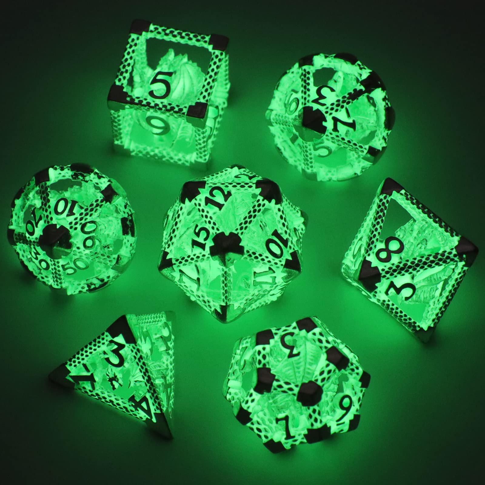 HNCCESG Glow DND Dice Hollow Polyhedral Dragon Metal Dice Set Luminous RPG D&D Dice for Dungeons and Dragons Role Playing MTG Table Games Pathfinder Warhammer Shadowrun (3D Green Light)