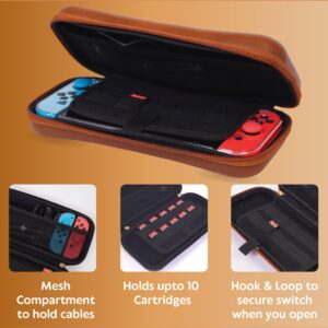 DreamController Limited Edition Genuine Leather Hard Shell Travel Case for Nintendo Switch with 10 Gamecard Slot with Back Protective Dockable Case, 2 Joycon Cover, 4 Thumbstick Cap & Screen Protector