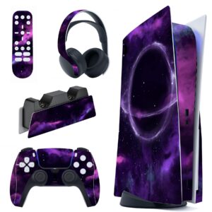 playvital purple deep space full set skin decal for ps5 console disc edition, sticker vinyl decal cover for ps5 controller & charging station & headset & media remote