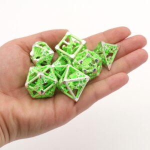 HNCCESG Glow DND Dice Hollow Polyhedral Dragon Metal Dice Set Luminous RPG D&D Dice for Dungeons and Dragons Role Playing MTG Table Games Pathfinder Warhammer Shadowrun (3D Green Light)