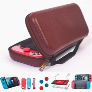 dreamcontroller limited edition genuine leather hard shell travel case for nintendo switch with 10 gamecard slot with back protective dockable case, 2 joycon cover, 4 thumbstick cap & screen protector