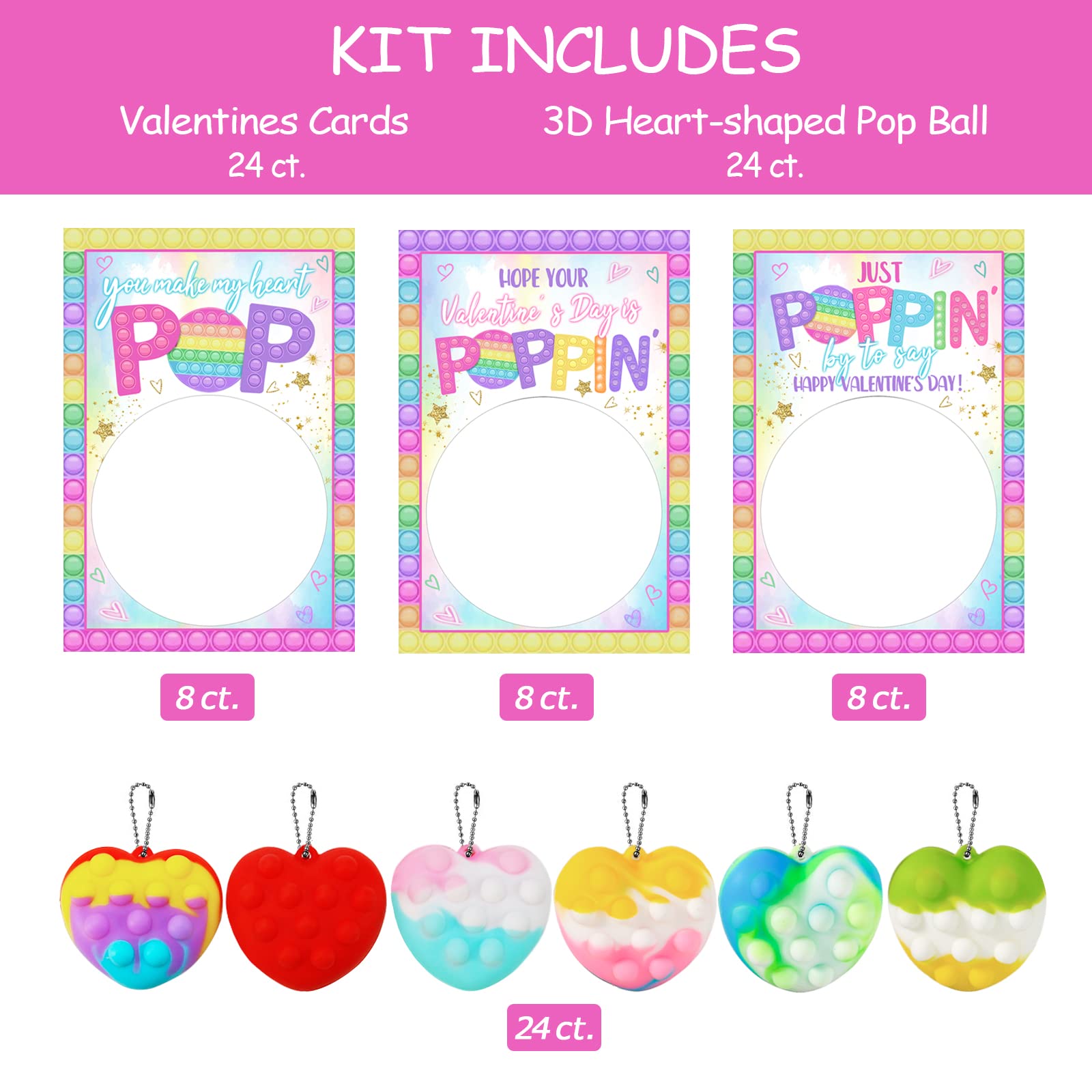 Valentines Day Gifts for Kids - 24 Pack Valentine Cards with 3D Pop Balls It - Fidget Sensory Toys bulk for 3-12 Years Boys Girls Toddlers Classroom School Party Favors Gift Card Exchange Greeting