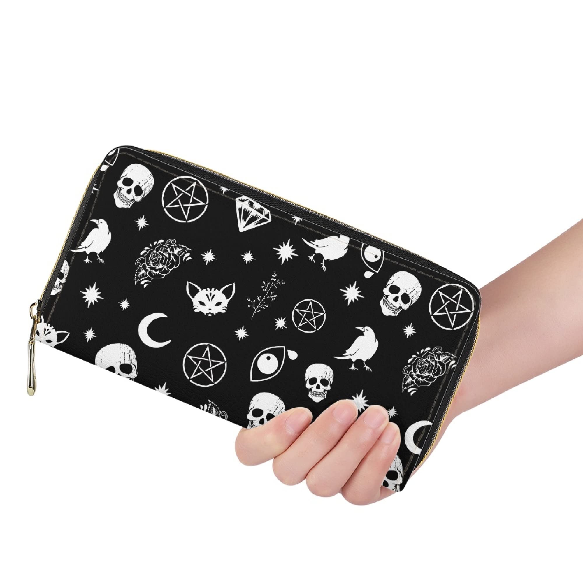 PIHNSDUA Skull Cat Moon Gothic Women's Long Wallet PU Leather Purse with Card Holder Zip Around Clutch Wallet