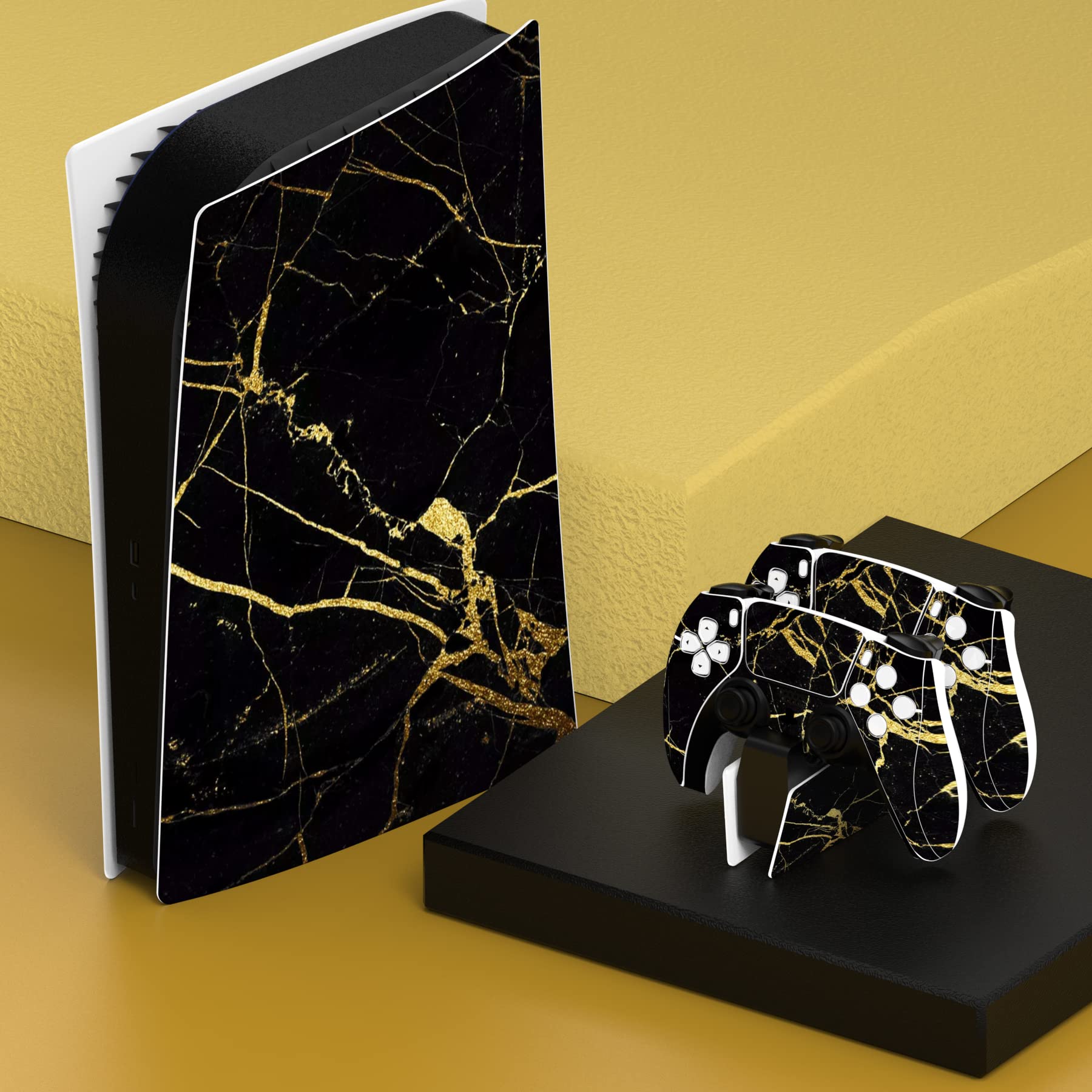 PlayVital Black & Gold Marble Effect Full Set Skin Decal for ps5 Console Digital Edition, Sticker Vinyl Decal Cover for ps5 Controller & Charging Station & Headset & Media Remote