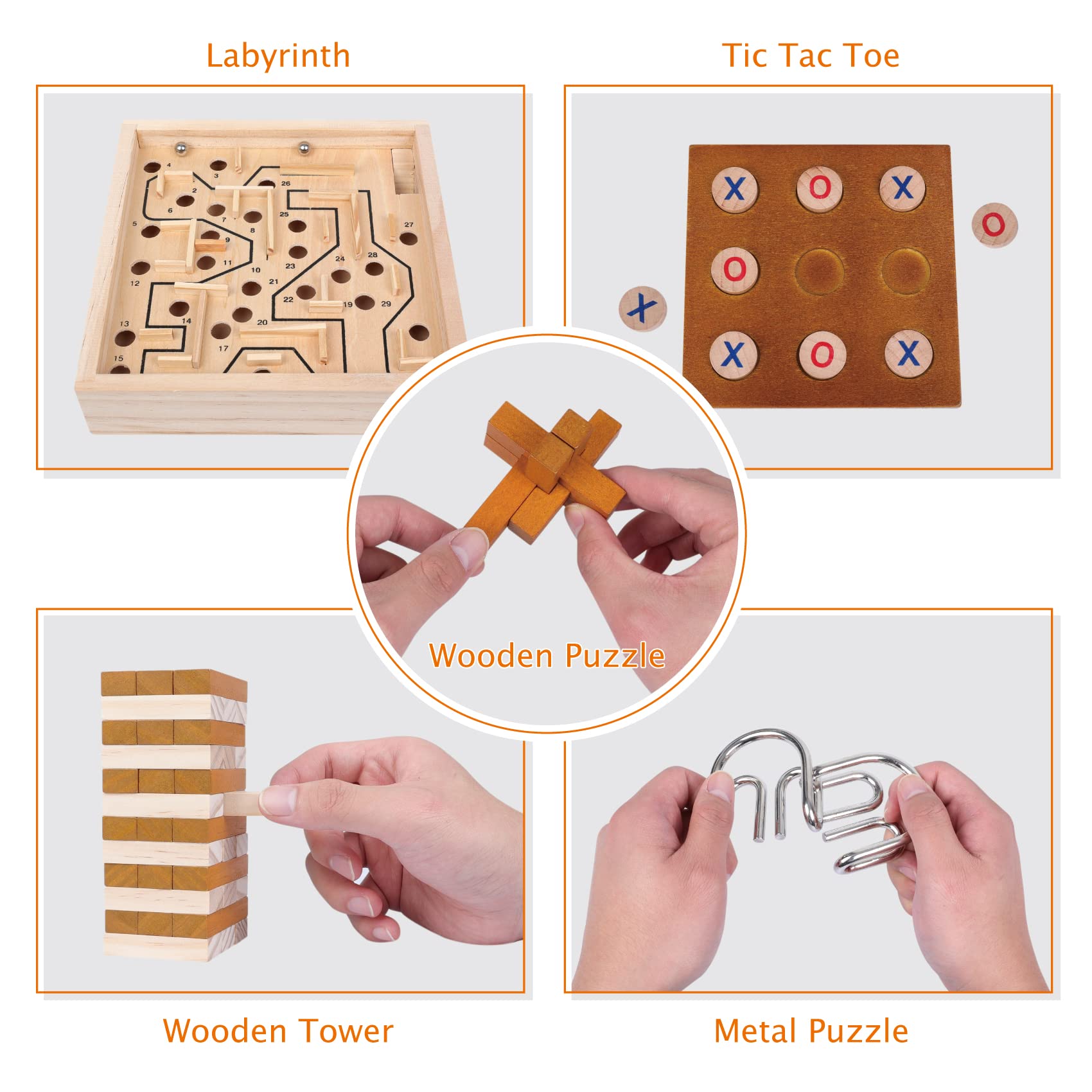 Offelec 5 in 1 Board Game with Wooden Brain Teaser Puzzles, Metal Brain Teaser Puzzles, Labyrinth, Wooden Stacking Tower, and Tic Tac Toe Toy Games, Board Games for Kid and Adults, Party Family Game