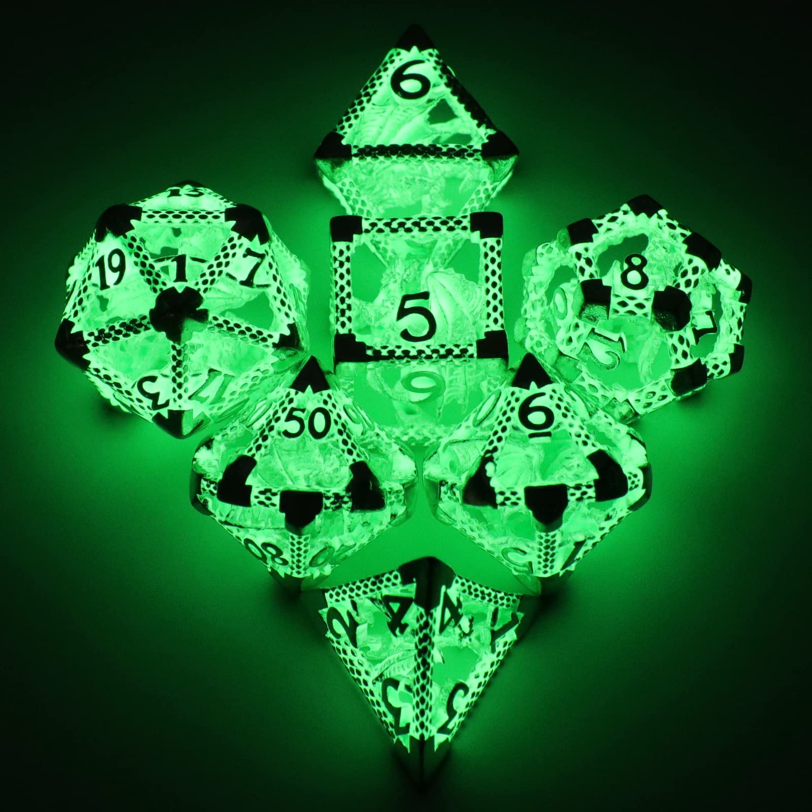 HNCCESG Glow DND Dice Hollow Polyhedral Dragon Metal Dice Set Luminous RPG D&D Dice for Dungeons and Dragons Role Playing MTG Table Games Pathfinder Warhammer Shadowrun (3D Green Light)