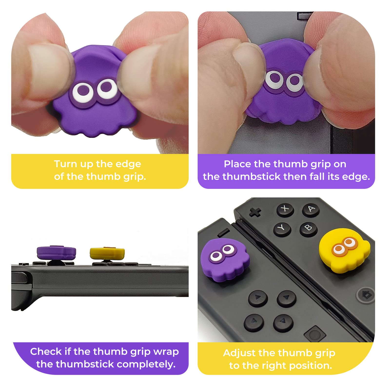 FUNLAB Switch Thumb Grips Joystick Caps Compatible with Switch/OLED/Lite Controller, Cute Silicone Analog Stick Cover, 4PCS - Yellow & Purple, Octopus & Squid