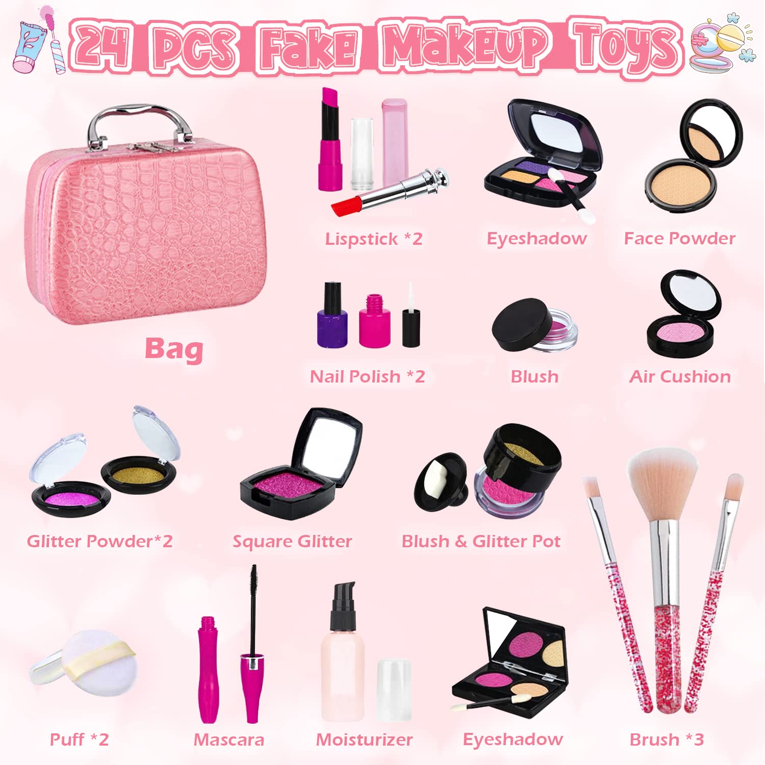 Pretend Makeup Kit for Toddlers Girls, Kids Pretend Play Makeup Set for Little Girls, Fake Toy Makeup Set with Cosmetic Case & Jewelry Set, Present Gift for Kids Girls Age 3 4 5+ ( Fake Makeup )